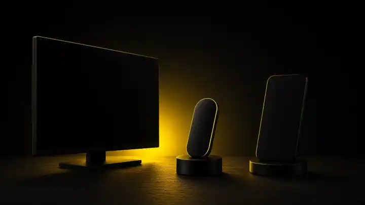 Symbolische Streaming-Geräte ohne Markenlogos auf schwarzem Hintergrund
