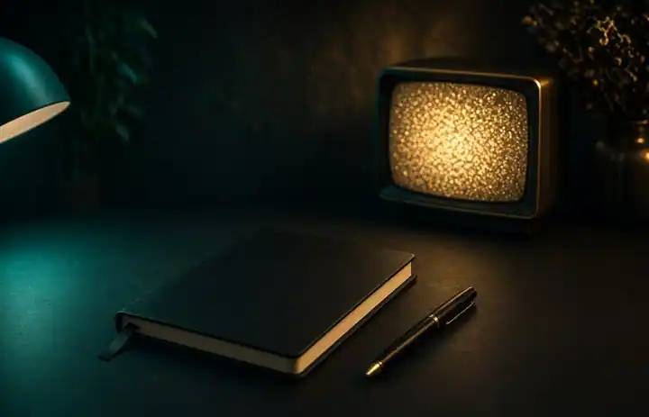 Dunkler Schreibtisch mit Notizbuch und warmem Fernseherlicht im Hintergrund