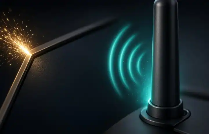 Router und Bildschirmkante mit türkisem Licht als Symbol für einen IPTV-Test