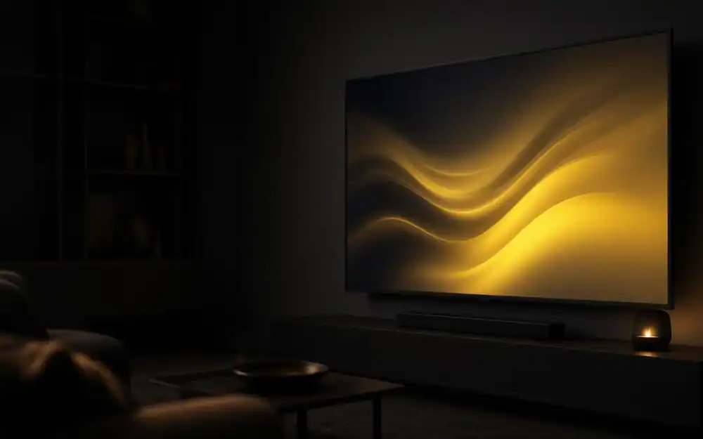 Abstraktes Wohnzimmer mit Fernseher und gelbem Licht, Symbol für IPTV in Deutschland