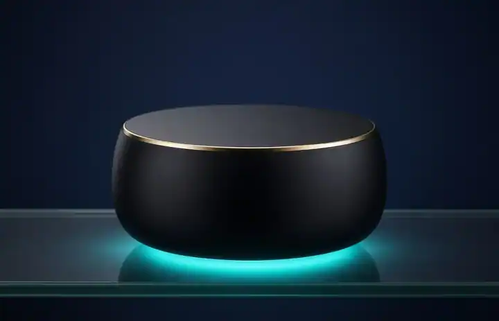 Kleine runde Streaming-Box auf einem Glasregal, ohne Markenlogo
