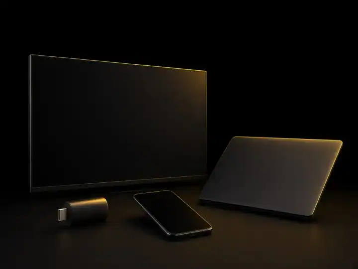 Symbolische Geräte für IPTV: Fernseher, Stick, Smartphone und Laptop ohne Markenlogos