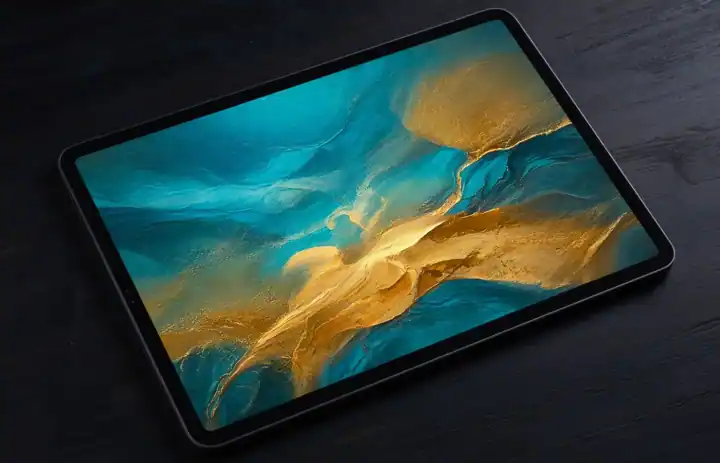 Tablet auf einem Holztisch mit türkis-goldenem Bild, ohne Markenlogo