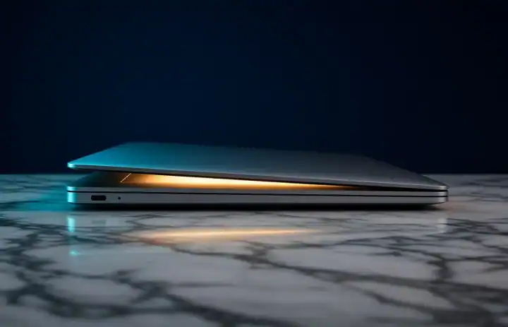 Schlanker Laptop von der Seite mit goldener Kante, ohne Markenlogo