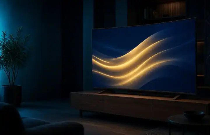 Weiter Fernseher mit goldenen Wellen auf dem Bildschirm, ohne Markenlogo