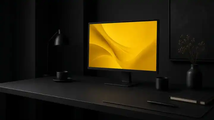 Dunkler Arbeitsplatz mit einem Monitor und gelbem Licht, ohne Personen